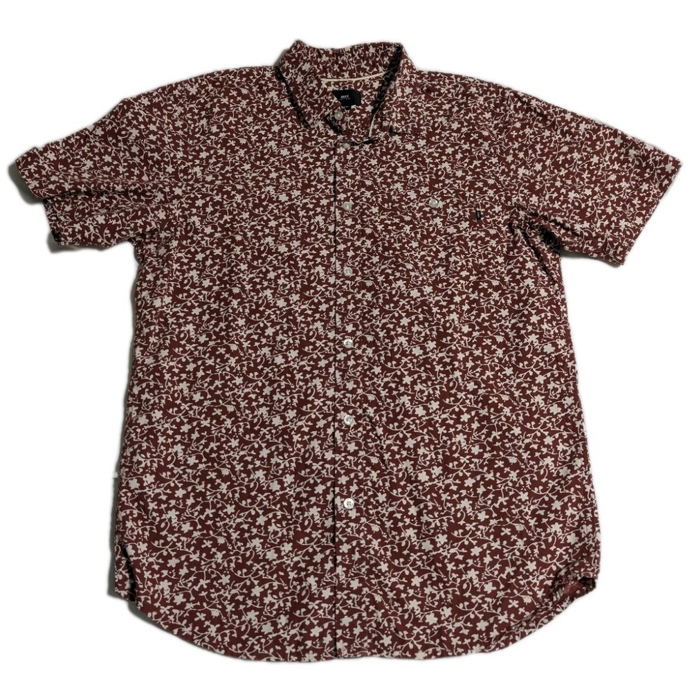Obey Floral Button Up Shirt Mens Medium Burgundy Short Sleeve Casual Streetwear‎